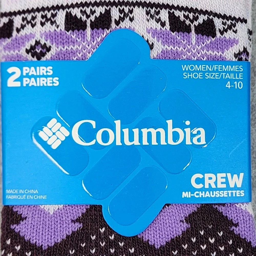 Columbia 2 Pair Crew Mi-Chaussettes Socks Womens‎ Sz 4-10 Grey Purple Wool Blend